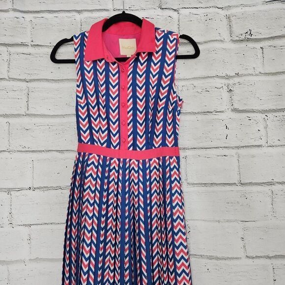 Modcloth Women's Just My Typist Pink Blue Print Sleeveless Collared Dress Sz XS - Picture 4 of 14